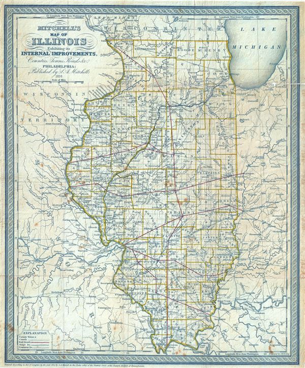 Mitchell's Map of Illinois Exhibiting its Internal Improvements, Counties, Towns, Roads, etc. - Main View