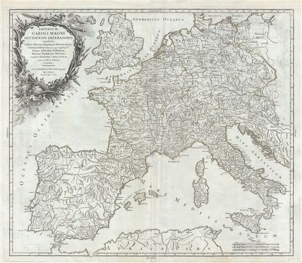 Imperium Caroli Magni occidentis Imperatoris complectens Galliam, Marcam Hispanicam, Baleares insulas, Corsicam, Italiam Vulturnum usque et Ausidum fluv?, Istriam, Liburniam, Dalmatiam, Rhaetiam, Vindeliciam, Noricum, et quidquid Germaniae a Rheno ad Oderam usque et Mare Balticum, protenditur. - Main View