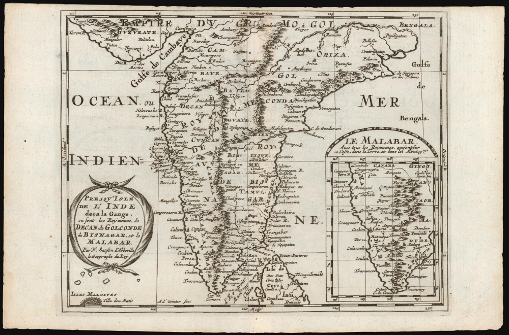 Presqu'Isle de l'Inde deça la Gange, ou sont les Royaumes, de Decan, de Golconde dd Bisnagar, et le Malabar. Par N. Sanson d'Abbeville le Geographe du Roy. - Main View