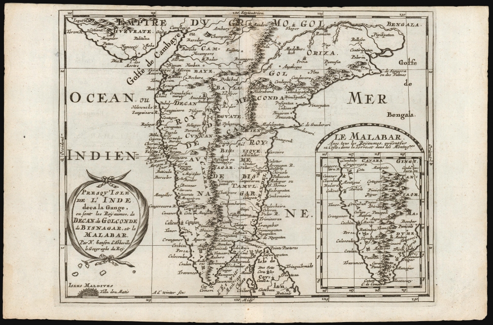 Presqu'Isle de l'Inde deça la Gange, ou sont les Royaumes, de Decan, de Golconde dd Bisnagar, et le Malabar. Par N. Sanson d'Abbeville le Geographe du Roy. - Main View