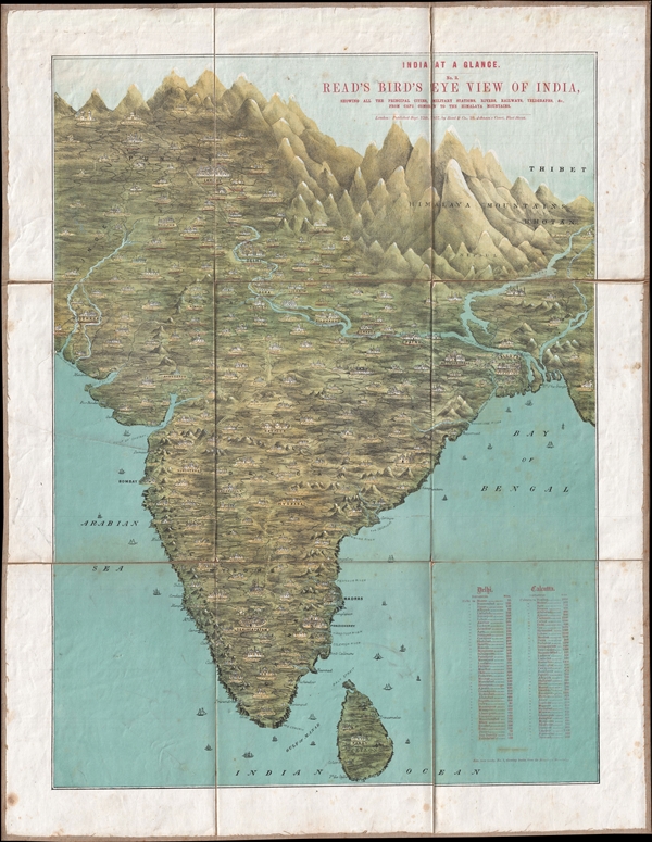 India at a Glance. No. 2. Read's Birds' Eye View of India, showing all the principal cities, Military Stations, Rivers, Railways, Telegraphs, &C. From Cape Comorin to the Himalaya Mountains. - Main View