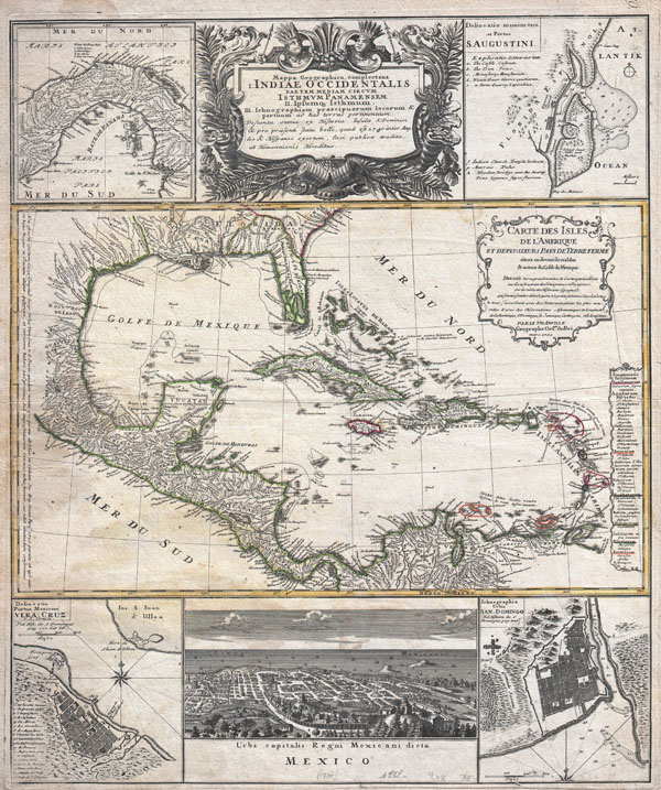 Mappa geographica, complectens I. Indiae Occidentalis partem mediam circum Panamensem II. Ipsumq. isthmum III. Ichnographiam praecipuorum locorum & portuum ad has terras pertinentium. / Carte des Isles de L'Amerique et Deplusieurs Pays de Terre Ferme situes su devant de ces Isles & autour de Golfe de Mexique. - Main View