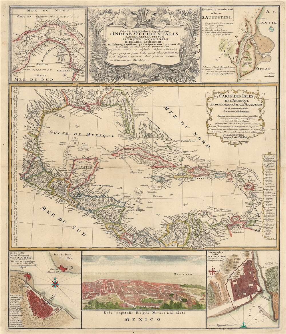 Mappa geographica, complectens I. Indiae Occidentalis partem mediam circum Panamensem II. Ipsumq. isthmum III. Ichnographiam praecipuorum locorum et portuum ad has terras pertinentium. / Carte des Isles de L'Amerique et Deplusieurs Pays de Terre Ferme situes su devant de ces Isles et autour de Golfe de Mexique. - Main View