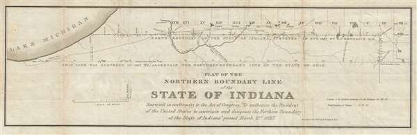 Plat of the northern boundary line of the state of Indiana : surveyed in conformity to the Act of Contress, 'To authorize the President of the United States to ascertain and designate the northern boundary of the state of Indiana: passed March 2nd, 1827. - Main View