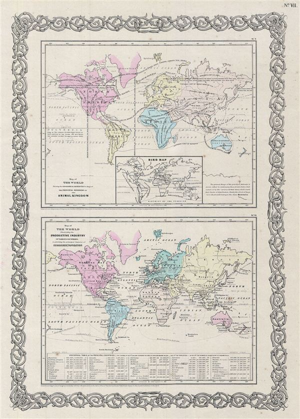 Map of The World Showing the Geographical Distribution & Range of The Principal Members of The Animal Kingdom.  Map of The World Illustrating the Productive Industry of Various Countries, & exhibiting the principal features of Commerce and Navigation. - Main View