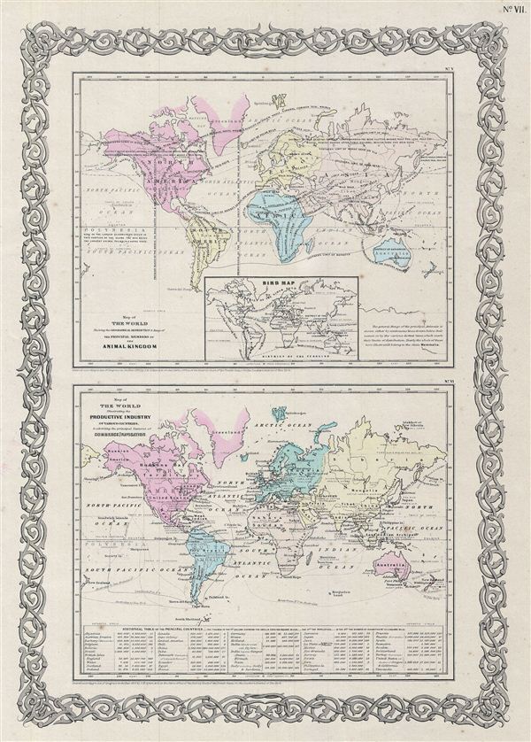 Map of The World Showing the Geographical Distribution & Range of The Principal Members of The Animal Kingdom.  Map of The World Illustrating the Productive Industry of Various Countries, & exhibiting the principal features of Commerce and Navigation. - Main View