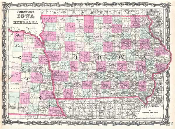 1863 Johnson Map of Iowa and Nebraska