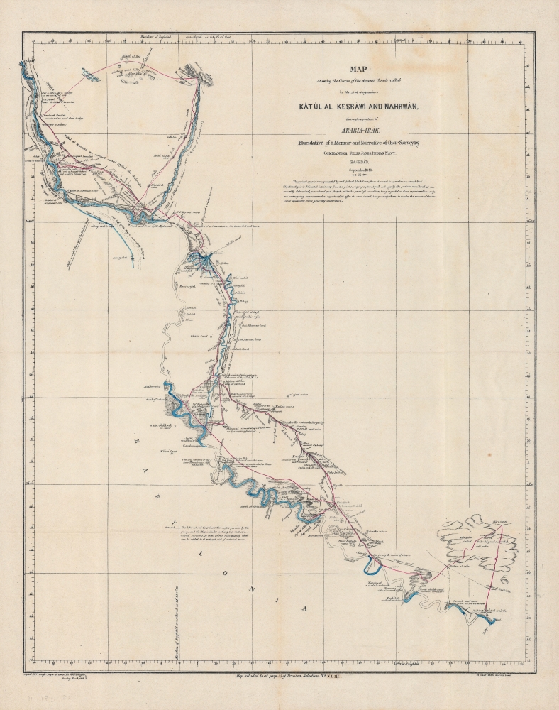 Map shewing the course of the ancient canals called by the Arab geographers Kátúl al Kesráwi and Nahrwán through a portion of Arabia-Irak : elucidative of a memoir and narrative of their survey by Commander Felix Jones, Indian Navy, Baghdad, September 1849. - Main View