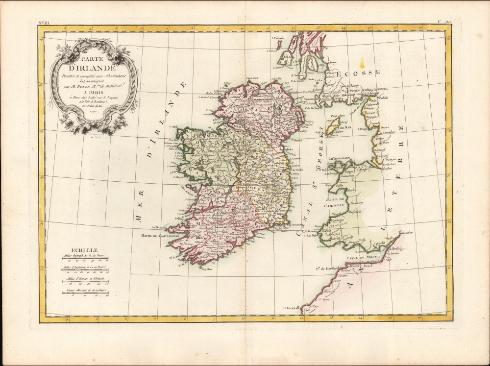 Carte D'Irlande Projettée de assujettie aux Observation Astronomiques par M. Bonne M.tre de Mathémat. - Main View