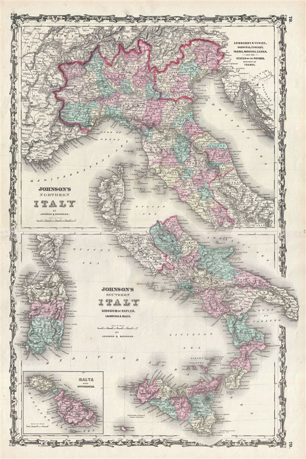 Johnson’s Northern Italy, Lombardy, Venice, Sardinia, Tuscany, Parma, Modena, Lucca, and the States of the Church. / Johnson’s Southern Italy, Kingdom of Naples, I. Sardinia & Malta. - Main View