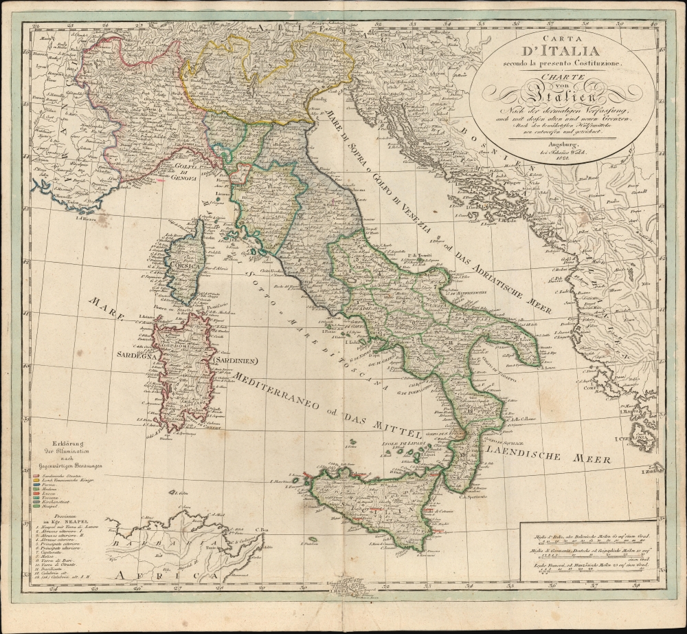Carta D'Italia secondo la presento Costituzione/ Charte von Italien nach der dermaligen Verfassung : auch mit dessen alten und neuen Grenzen : nach den bewährtesten Hülfsmitteln neu entworfen und gezeichnet. - Main View