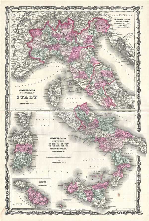 Johnson's Northern Italy. Johnson's Southern Italy Kingdom of Naples, I. Sardinia and Malta. - Main View