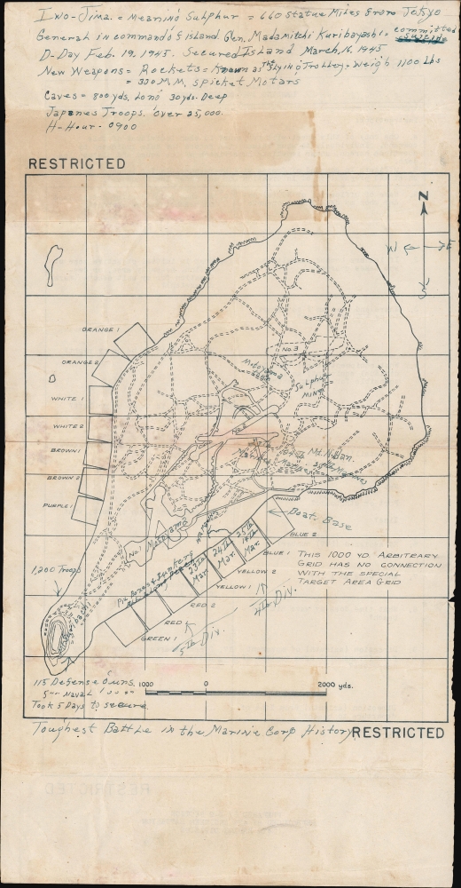 1945 4th Marine Division Intelligence Section Map of Iwo Jima and Landing Information Sheet