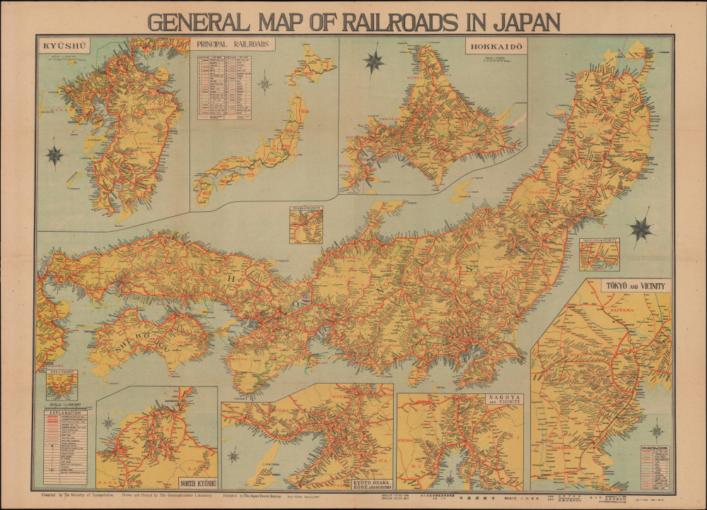 1947 Travel Bureau Railroad Map of Japan, U.S. Occupation