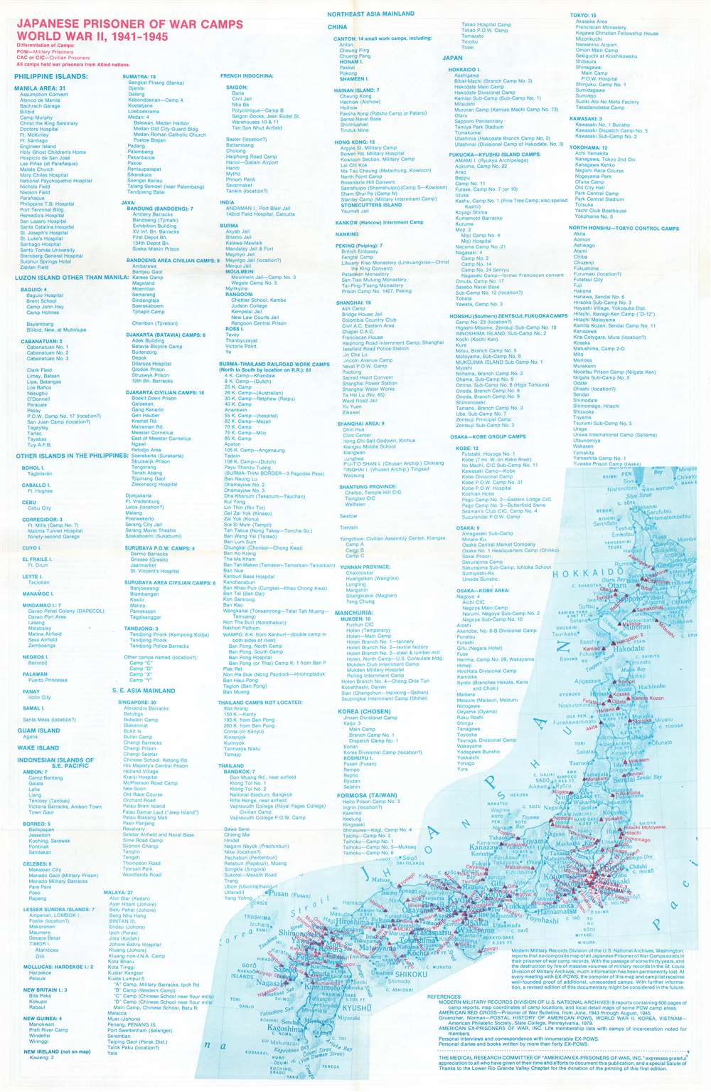 Japanese Prisoner of War Camps During World War II, 1941 - 1945. Known locations of camps where American, British, Dutch, Australian, Canadian, Indian, and other Allied Military and Civilian Personnel were imprisoned by the Japanese. - Alternate View 2