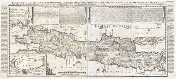 Carte de l'Ile de Java: partie Occidentale, partie Orientale, Dressée tout nouvellement sur les Mémoirs les plus exacts; Avec une Table des principales villes de cette Ile, La situation des comptoirs & autres places qu'y possedent les Hollandois, et des Remarques très curiueuses sur la maniere dont ils se sont établis dans la Ville de Batavia. - Main View