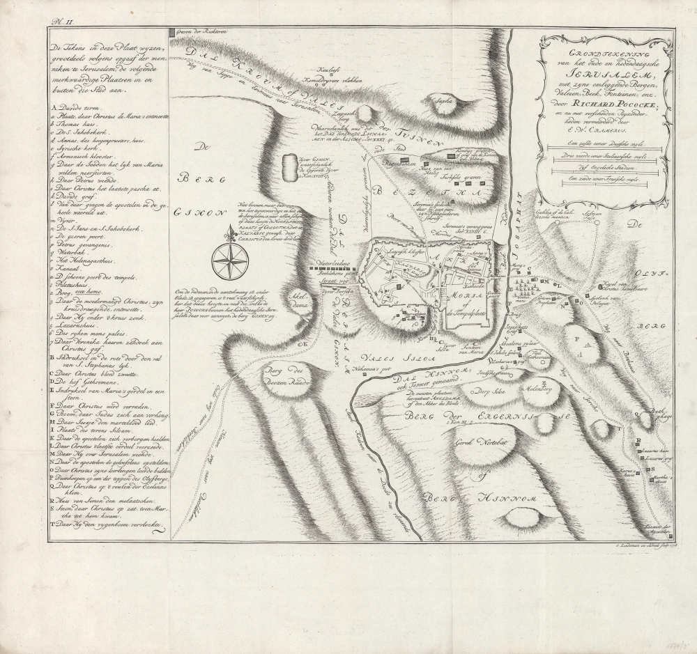 Grondtekening van het oude en hedendaagsche Jerusalem met zyne omliggende Bergen, Valeien, Beck, Fonreinen, enz. door Richard Pockocke en nu met verscherden byzonder heden vermeerderd door E. W. Cramerus. - Main View