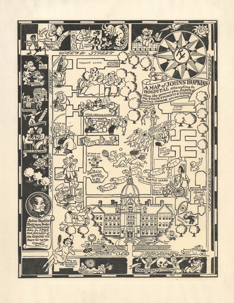 1935 Yardley Satirical Pictorial Map of Johns Hopkins, Baltimore, Maryland