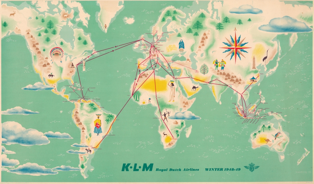 1948 Menting KLM Royal Dutch Airlines Route Map of the World
