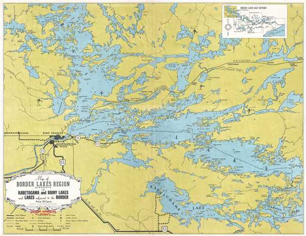 Map of the Border Lakes Region Minnesota with Kabetogama and Rainy Lakes and Lakes Adjacent to the Border. - Main View