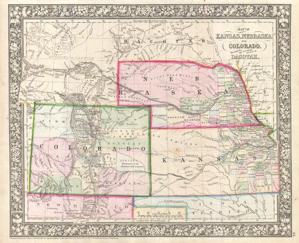 Map of Kansas, Nebraska and Colorado, Showing also the Southern portion of Dacotah. - Main View