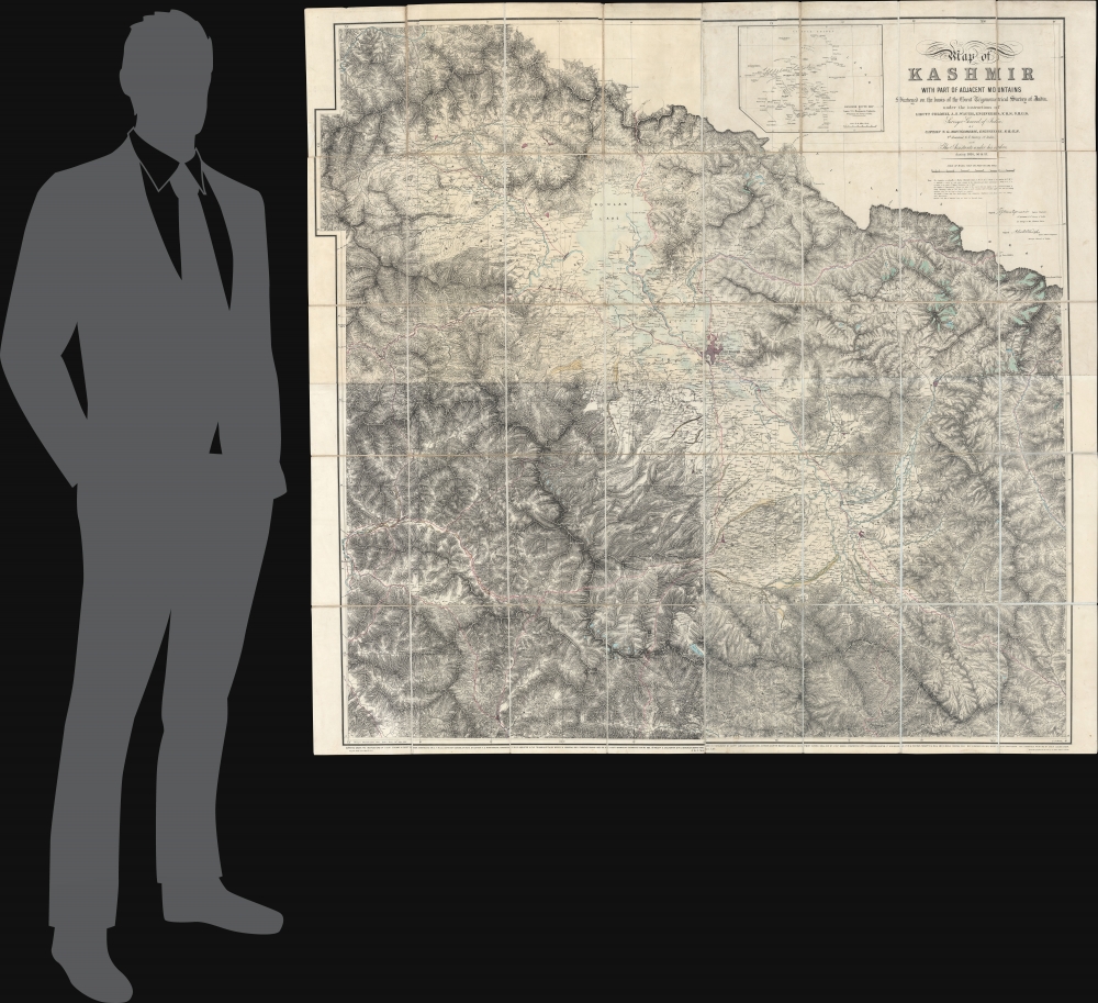 Map of Kashmir with part of Adjacent Mountains surveyed on the basis of the Great Trigonometrical survey of India, under the instructions of Lieutt. Colonel A. S. Waugh, Engineers, F.R.S. F. R.G.S. Survey General of India, by Captain T. G. Montgomerie, Engineers. F.R.G.S. 1st. Assistants under his orders, during 1855, 56 and 57. - Alternate View 1