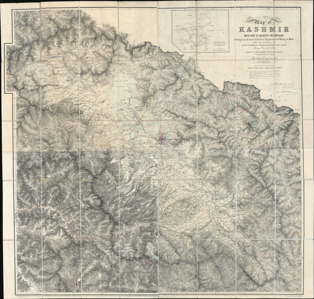 Map of Kashmir with part of Adjacent Mountains surveyed on the basis of the Great Trigonometrical survey of India, under the instructions of Lieutt. Colonel A. S. Waugh, Engineers, F.R.S. F. R.G.S. Survey General of India, by Captain T. G. Montgomerie, Engineers. F.R.G.S. 1st. Assistants under his orders, during 1855, 56 and 57. - Main View
