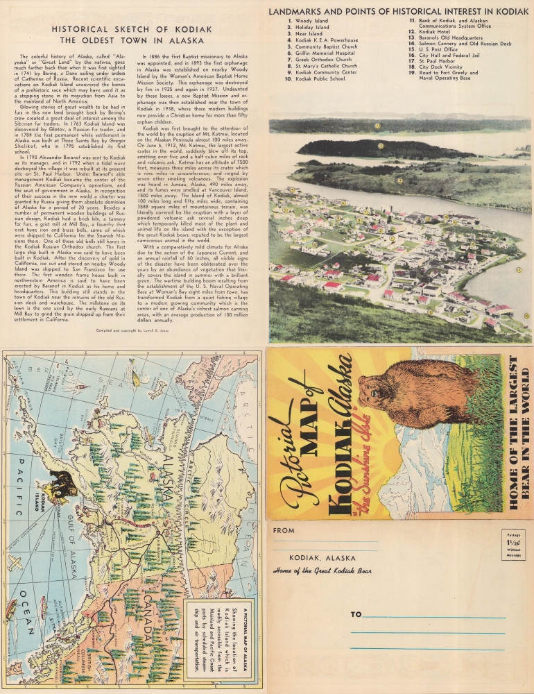 Pictorial Map of Kodiak, Alaska 'Home of the Kodiak Bear' the Largest Carnivorous Animal in the World. - Alternate View 1