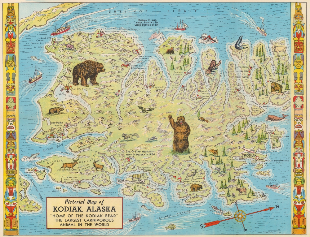 Pictorial Map of Kodiak, Alaska 'Home of the Kodiak Bear' the Largest Carnivorous Animal in the World. - Main View