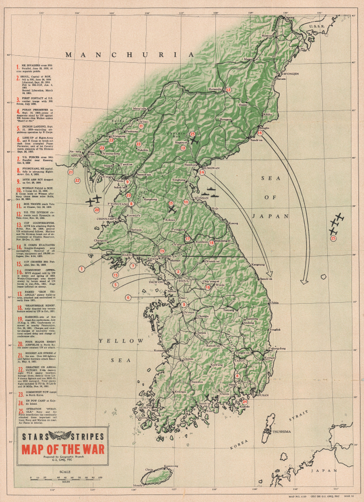 1952 Pacific Stars and Stripes Map of the Korean War