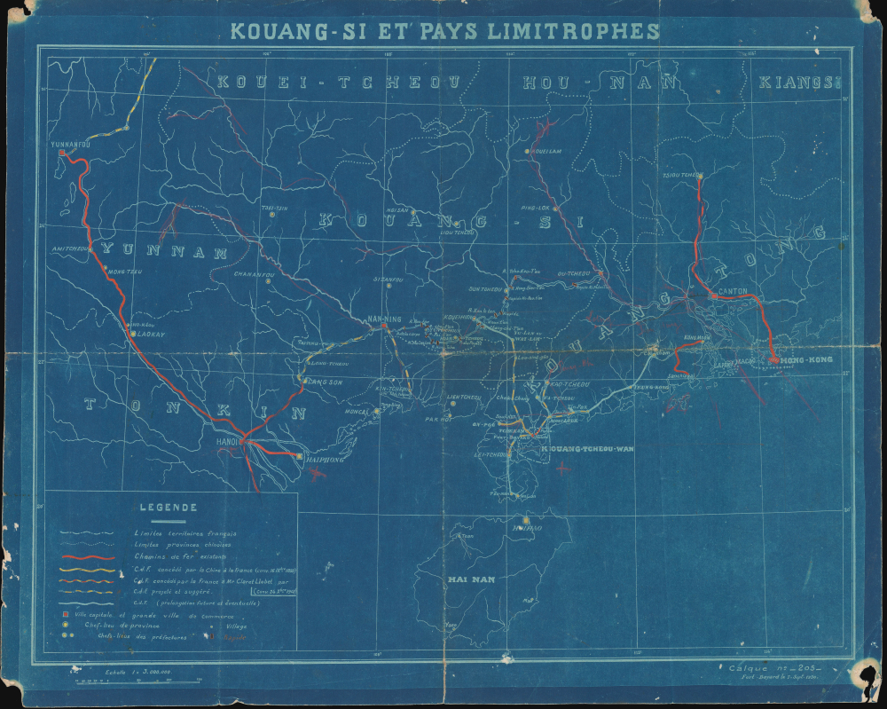 1930 Cyanotype Map of Southwest China and Tonkin, Railways