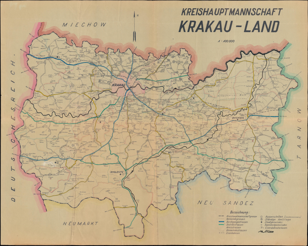 1942 German-Polish Map of Krakau Subdistrict, Poland, World War II, w/ Manuscript Annotations