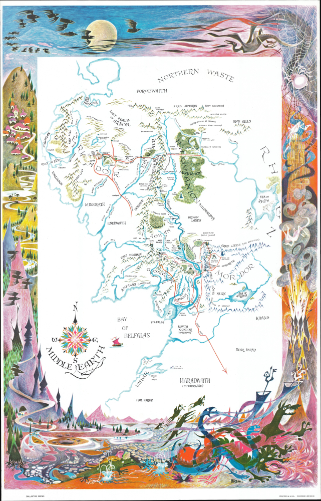 1965 Barbara Remington Map of Tolkien's Middle Earth (Lord of the Rings)