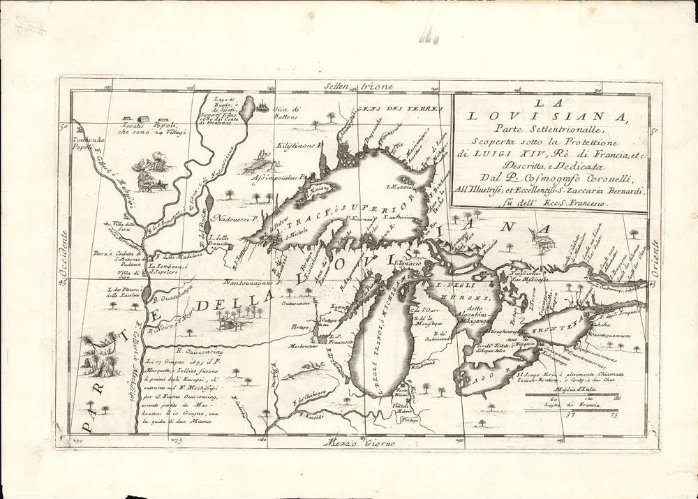 La Louisiana, Parte Settentrionalle, Scoperta sotto la Protettione di Luigi XIV, Re di Francia et Descritta, e Dedicata Dal P. Cosmografo Coronelli, All'Illustriss, et Eccellentiss, S. Zaccaria Bernardi su dell Ecc. S. Francesco. - Alternate View 1