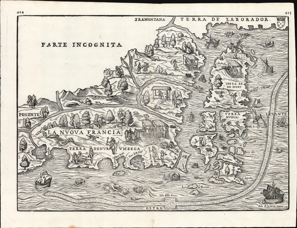 1565 Ramusio Map of New England (first specific map of the Northeast and Canada)