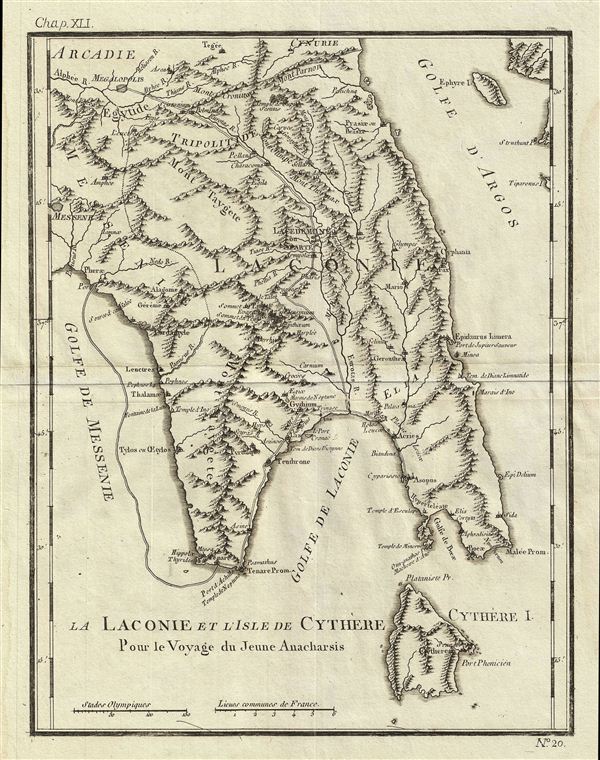 1791 Bocage Map of Laconia and Cythera, Ancient Greece