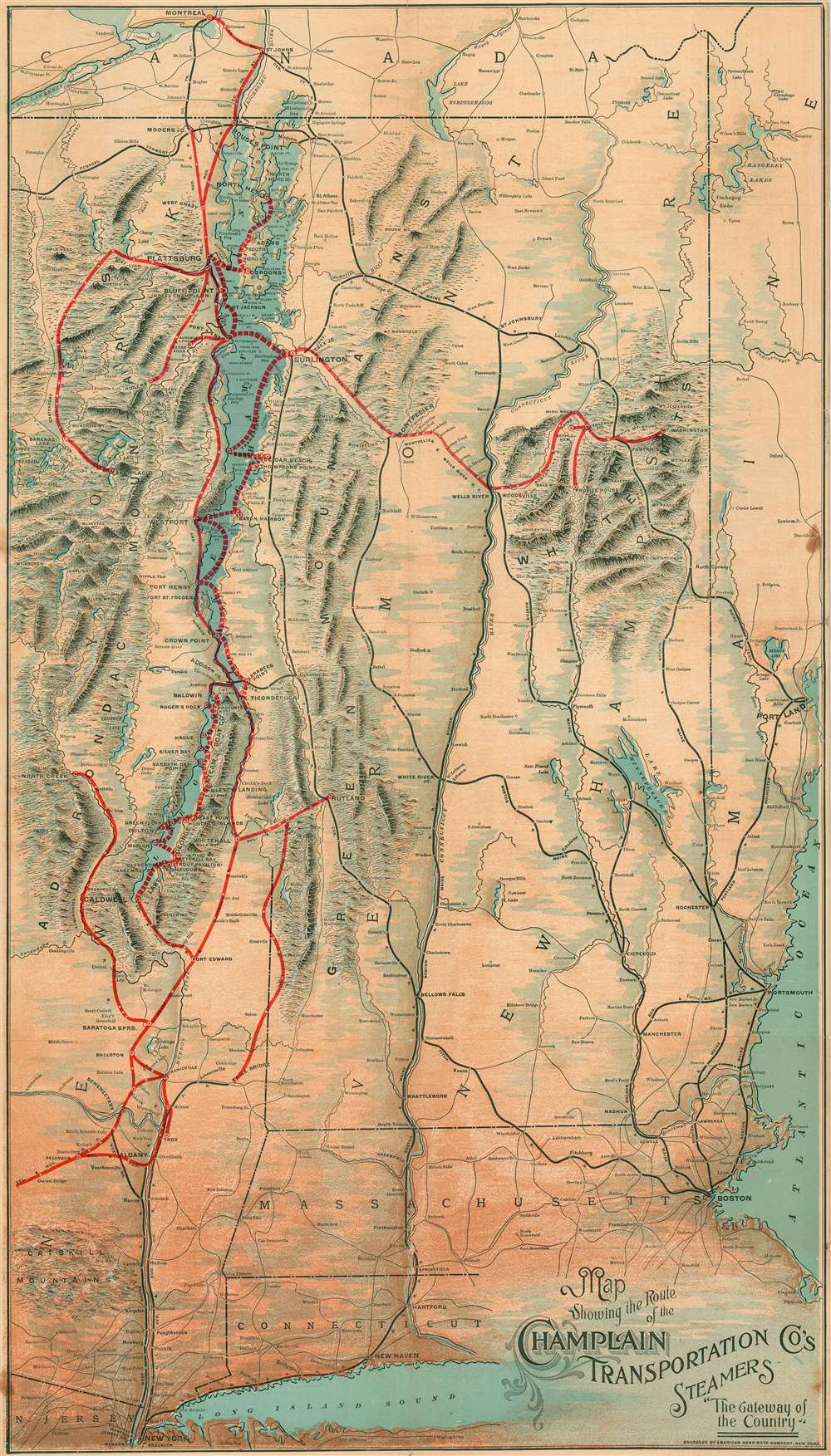 Showing the Route of the Champlain Transportation Co's Steamers.  The Gateway of the Country. - Main View