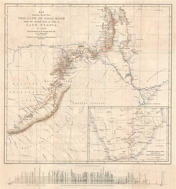 Map Showing Route from the Cape of Good Hope across the Zambesi River at Tette to Lake Nyassa in 1884.