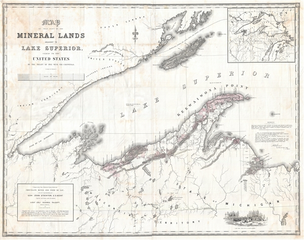 Map of that Part of the Mineral Lands adjacent to Lake Superior, ceded to the United States by the Treaty of 1842 with the Chippewas.  Comprising that District lying between Chocolate River and Fond du Lac, under the superintendency of Genl. John Stockton, U.S. Agent. - Main View