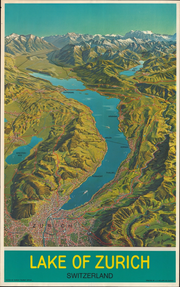 1939 Bieder Bird's Eye View of Zurich and Lake Zurich, Switzerland