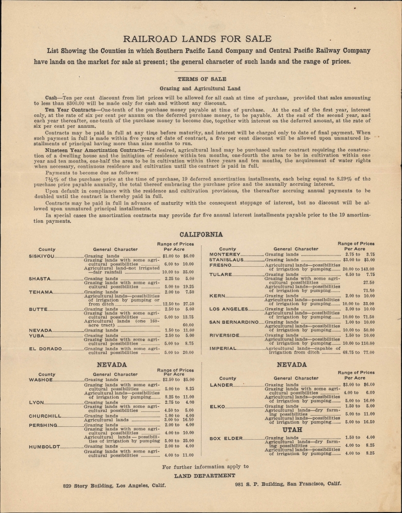 Map showing Location of Land Grants C.P.R'Y.CO. S.P.Land CO. / California, Nevada and Utah for farming, ranching, fruit growing, livestock... - Alternate View 3