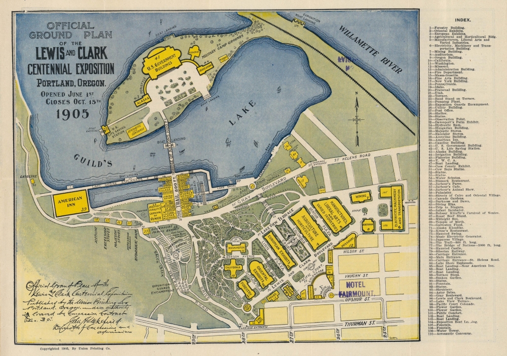 Official Ground Plan of the Lewis and Clark Centennial Exposition Portland, Oregon. Opened June 1st Closes Oct. 15th 1905. - Main View
