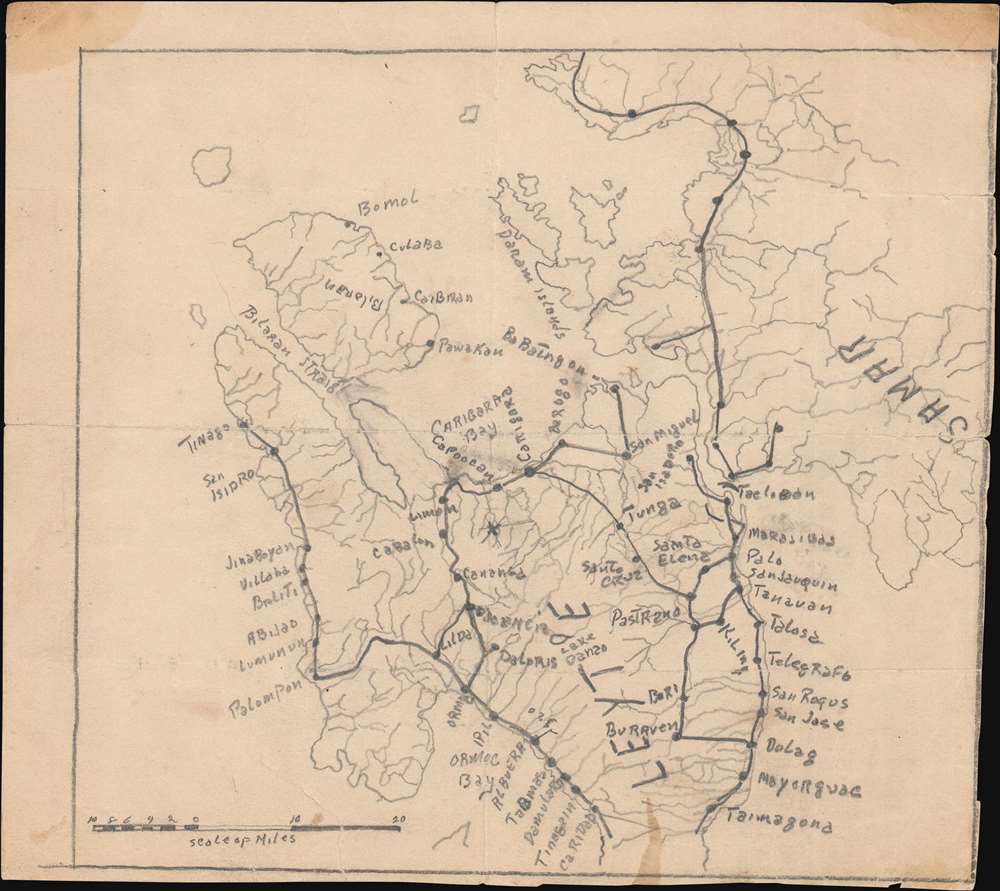 1945 Manuscript Road Map of Leyte Island, Philippines During World War II