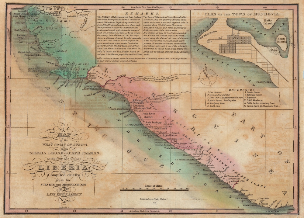 Map of the West Coast of Africa, from Sierra Leone to Cape Palmas; including the Colony of Liberia: Compiled chiefly from the surveys and observations of the Late Revd. J. Ashmun. - Main View