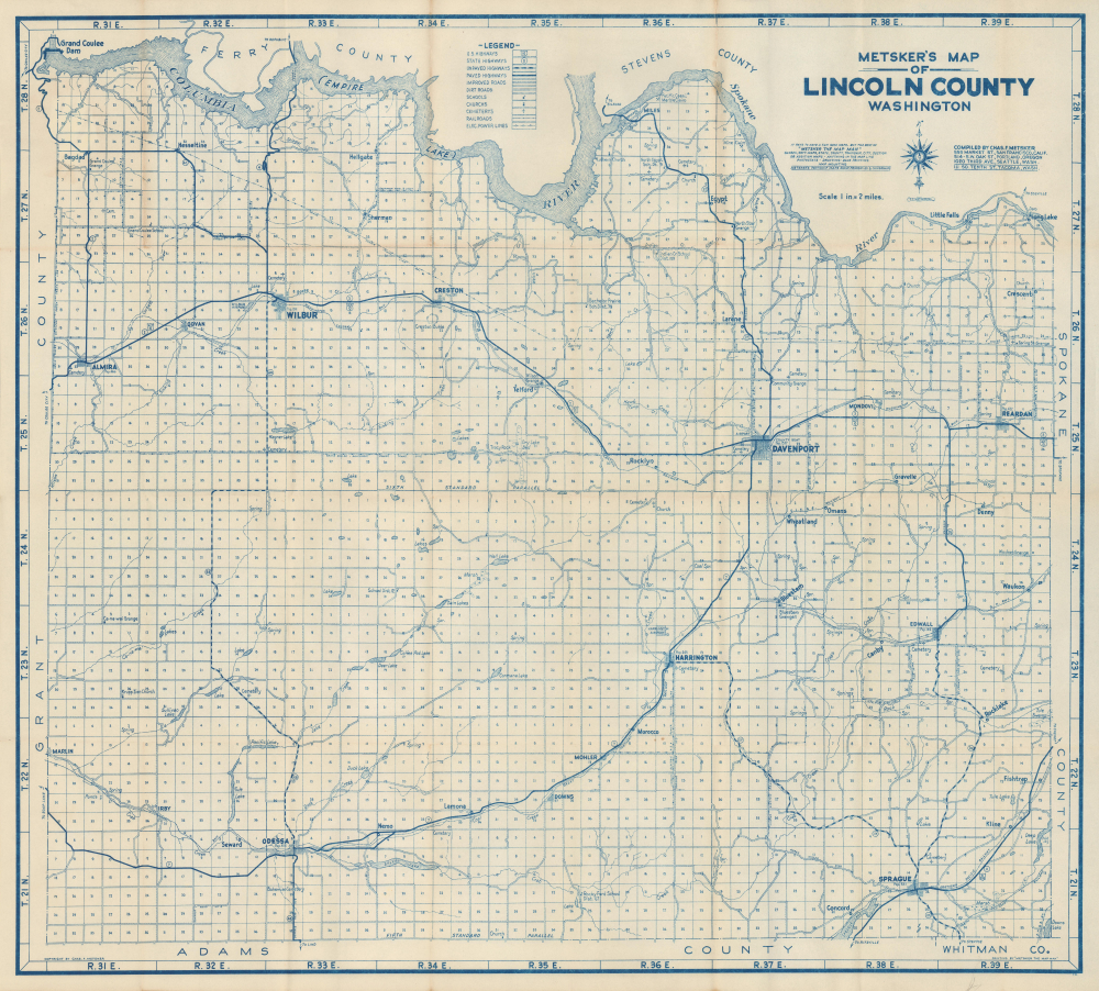 1943 Metsker Map of Lincoln County, Washington