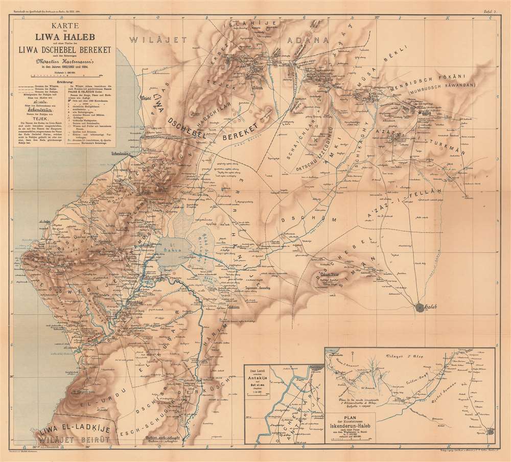 Karte des Liwa Haleb und eines Theiles des Liwa Dschebel Bereket nach den Reisewegen Martin Hartmann's in den Jahren 1882/1883 und 1884. - Main View