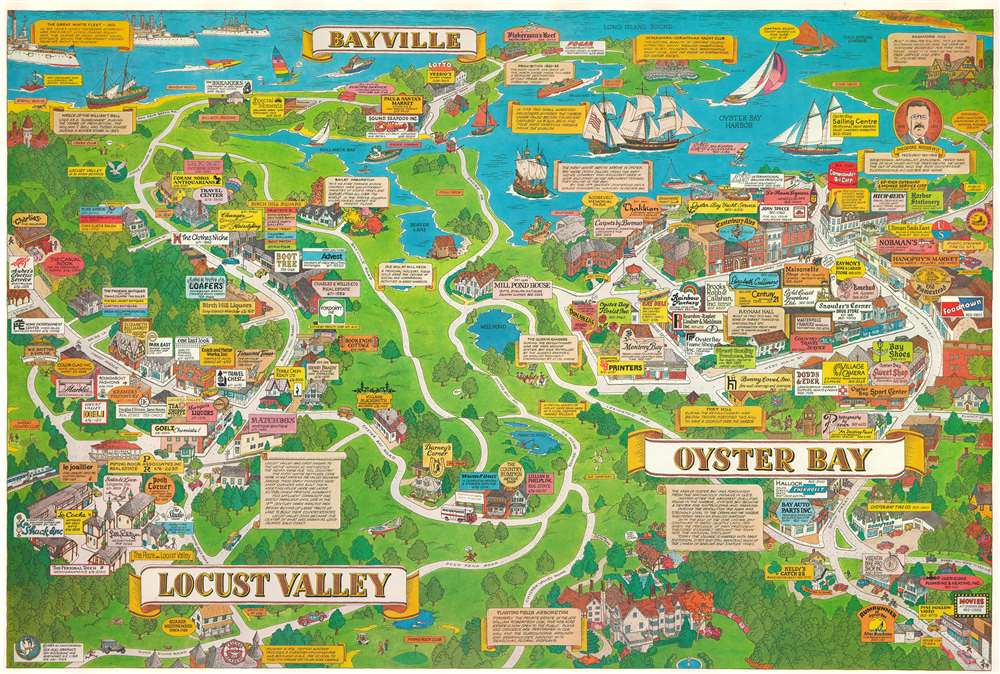 1983 Rockwell Pictorial Map of Oyster Bay and Locust Valley, Long Island, New York