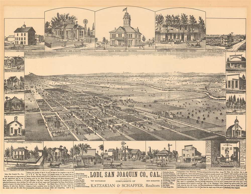 1870 / 1960 Katzakian Bird's Eye View of Lodi, California