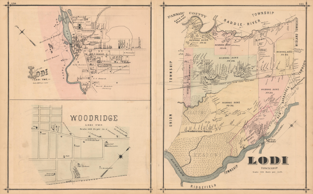 1876 Walker Map of Lodi, Wood-Ridge, New Jersey