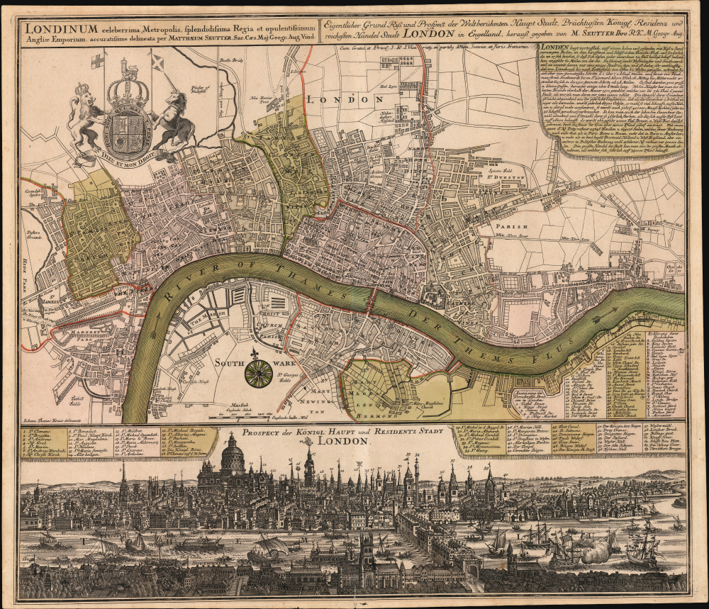 1727 / 1741 Matthias Seutter Plan and Panorama of London